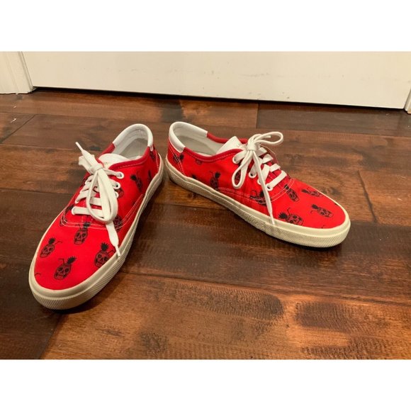 Saint Laurent Red Pineapple Skull Print Lace-Up Sneakers Size 9.5 (US) 39.5 (IT) - Picture 1 of 9
